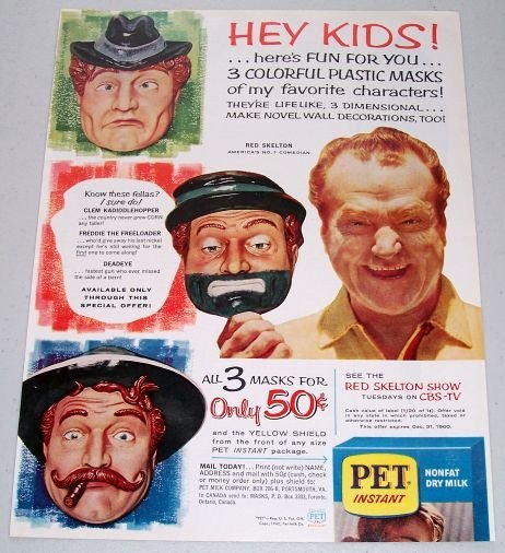 1960 Pet Instant Nonfat Dry Milk Celebrity Red Skelton Plastic Mask Offer Color Print Ad
