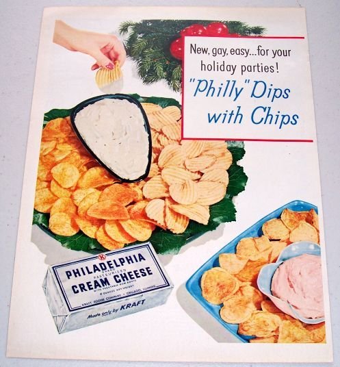 1957 Philadelphia Cream Cheese 9 Dip Recipes 2 Page Color Print Ad
