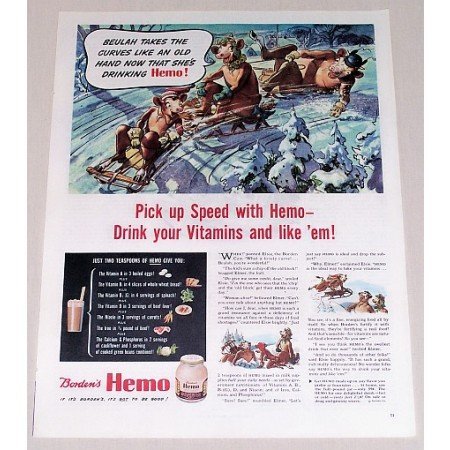 1944 Borden's Hemo Drink Elsie Cow Art Color Print Ad - Pick Up Speed
