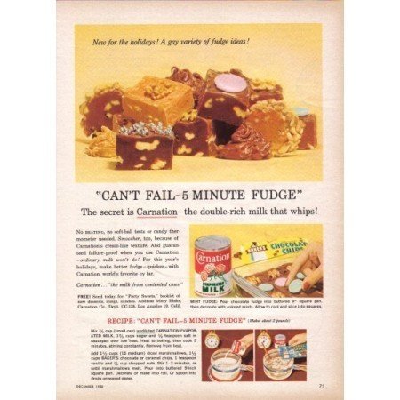 1958 Carnation Milk 5 Minute Fudge Recipe Color Print Ad