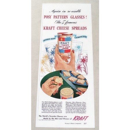 1947 Kraft Pimento Cheese Spread Posy Pattern Glass Color Print Ad