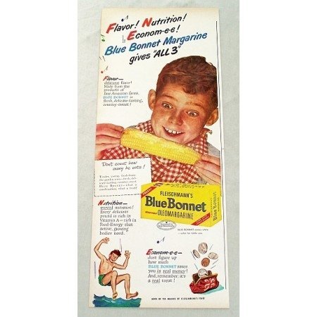 1947 Fleischmann's Blue Bonnet Oleomargarine Corn on the Cob Food Color Ad