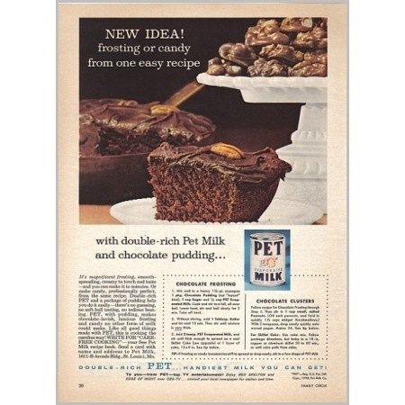 1958 Pet Milk Chocolate Clusters Recipe Color Print Ad