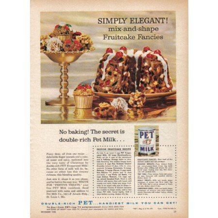 1958 Pet Evaporated Milk Fruitcake Recipe Color Print Ad
