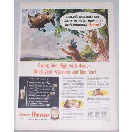 1944 Borden's Hemo Food Drink Elsie Cow Art Color Print Ad - Swing Into High