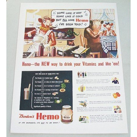 1943 Borden's Hemo Vitamin Drink Elsie Cow Art Color Print Ad - Some Like It Hot