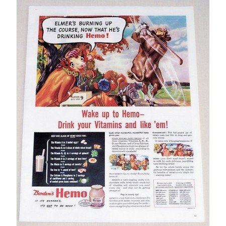 1944 Bordon's Hemo Vitamin Drink Elsie Golf Art Color Print Ad - Burning Up Course