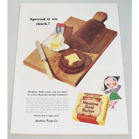 1953 Meadow Gold Butter Color Print Ad - Spread It On Thick!