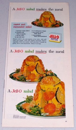 1954 Jello Gelatin Dessert Vintage Color Print Ad Carrot Cucumber Salad Recipe