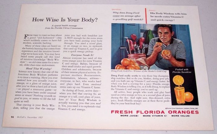 1957 Fresh Florida Oranges Color Print Ad Golf Celebrity Doug Ford