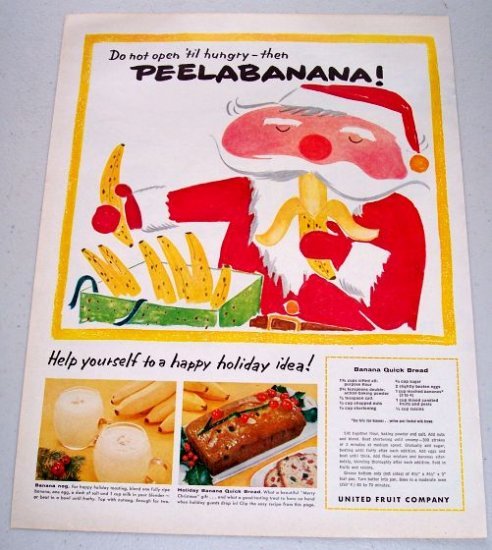 1957 United Fruit Company Bananas Santa Claus Christmas Art Color Print Ad PEELABANANA