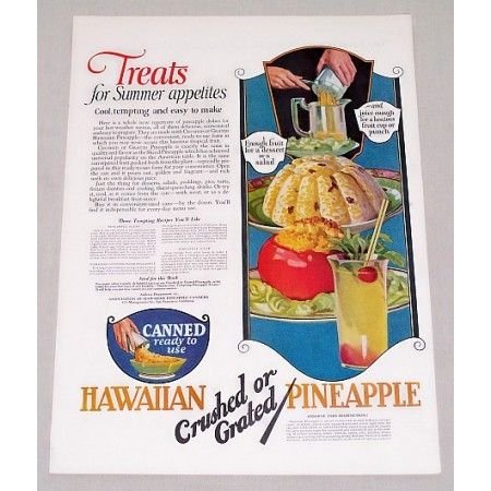 1923 Hawaiian Pineapple Color Print Ad - 3 Pineapple Recipe