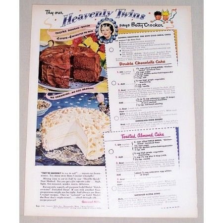 1949 Betty Crocker Cakes Color Print Ad - Try Our Heavenly Twins