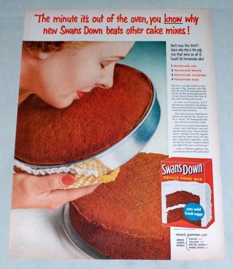 1954 Swans Down Devils Food Cake Mix Color Print Ad