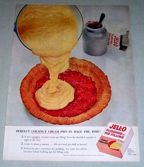1954 Jello Pudding Pie Filling Coconut Cream Color Print Ad