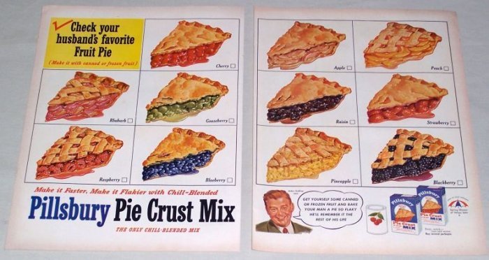 1953 Pillsbury Pie Crust Mix 2 Page Color Fruit Pies Print Ad
