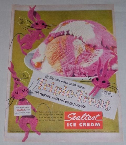 1956 Sealtest Ice Cream Triple Treat Bunny Color Print Ad