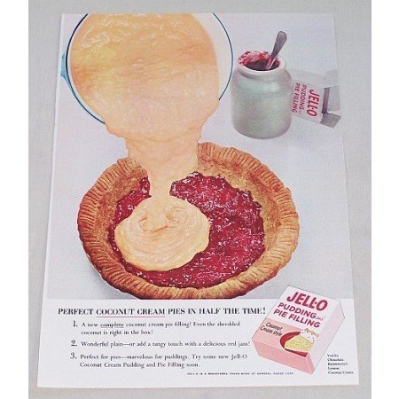 1953 Jello Coconut Cream Style Pudding Pie Filling Color Print Ad