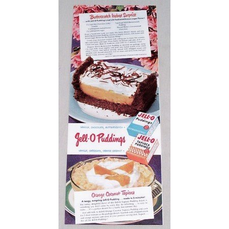 1949 Jello Pudding Butterscotch Icebox Suprise Recipe Color Print Ad
