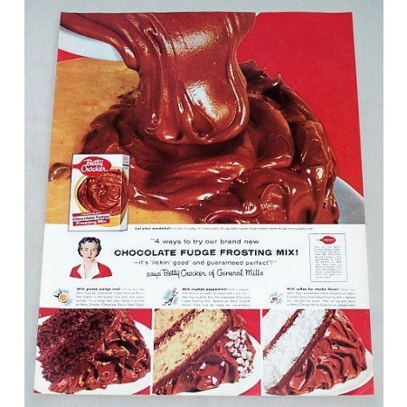 1956 Betty Crocker Fudge Frosting Mix Color Print Ad