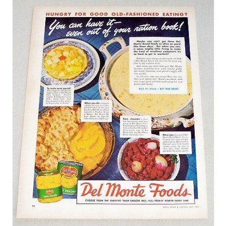1944 Del Monte Foods Sliced Peaches Color Print Ad