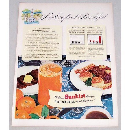 1947 Sunkist Oranges New England Breakfast Color Print Ad