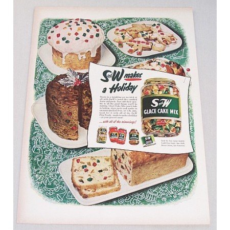 1952 S and W Glace Holiday Fruit Cake Mix Color Print Ad