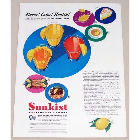 1941 Sunkist California Lemons Color Print Ad - Flavor Color!