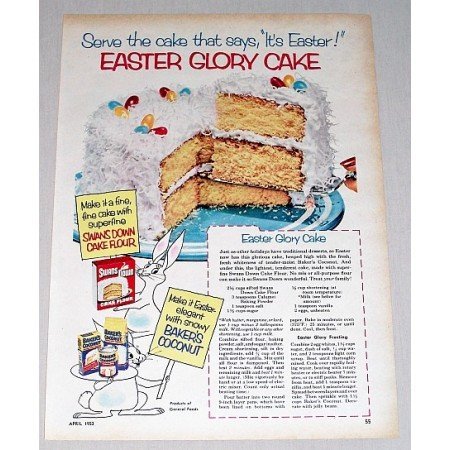 1953 Swans Down Cake Mix & Bakers Coconut Color Print Ad