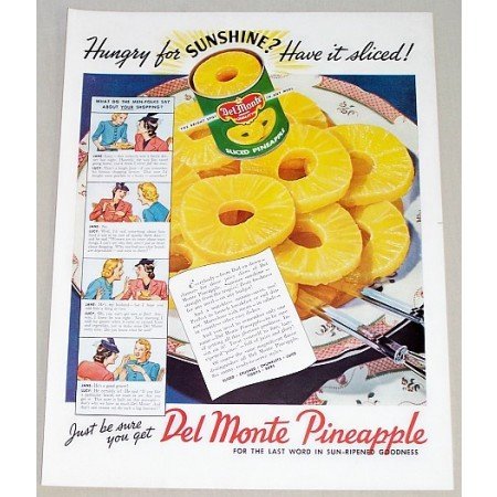 1941 Del Monte Pineapple Color Print Ad - Hungry For Sunshine
