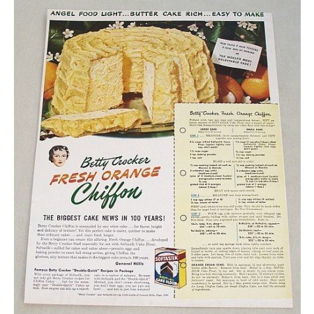 1949 Betty Crocker Cake Flour Orange Cake Recipe Color Print Ad