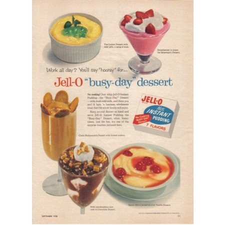 1958 Jello Instant Pudding Color Print Ad - Busy Day Dessert