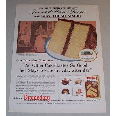 1957 Dromedary Yellow Cake Mix Abe Lincoln Home Color Print Ad