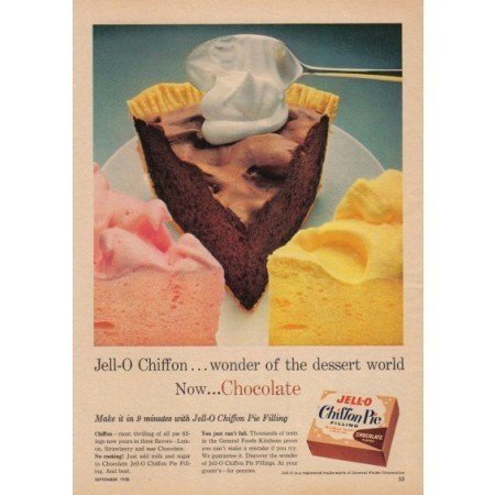 1958 Jello Chiffon Pie Filling Color Print Ad - Now Chocolate