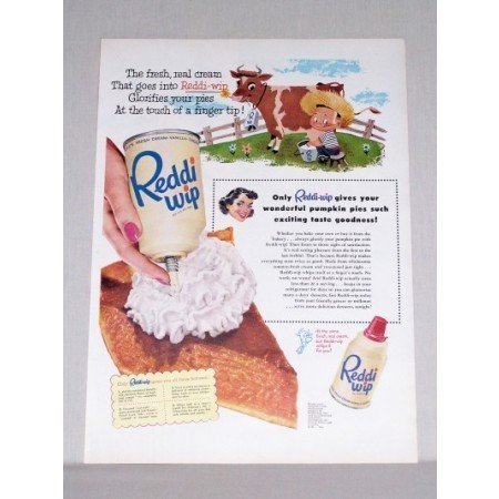 1953 Reddi Wip Dessert Topping Boy Milking Cow Art Color Print Ad