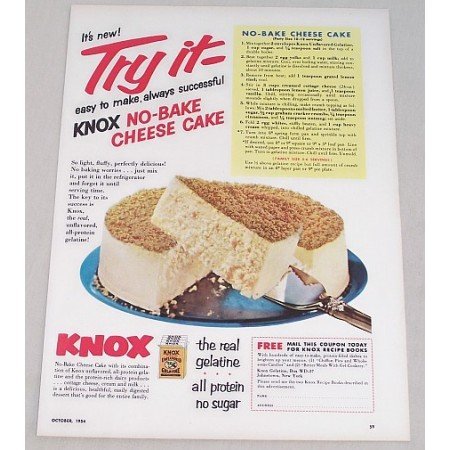 1954 Knox Gelatine No-Bake Cheese Cake Recipe Color Print Ad