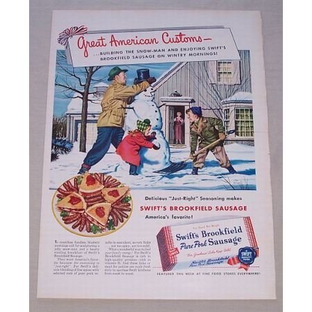 1950 Swift's Brookfield Pork Sausage Winter Art Color Print Ad