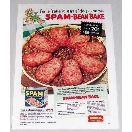 1952 Spam Canned Meats Bean Bake Recipe Color Print Ad