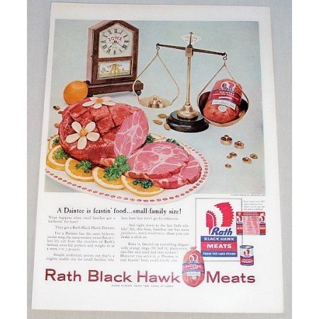 1955 Rath Black Hawk Meats Daintee Ham Scales Iowa Clock Color Print Ad