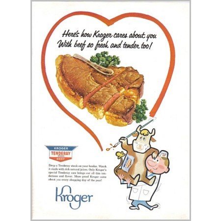 1959 Kroger Tenderay Brand Beef Cow Animal Art Color Ad