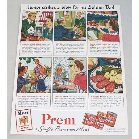 1944 Prem Premium Canned Meats Color Print Ad
