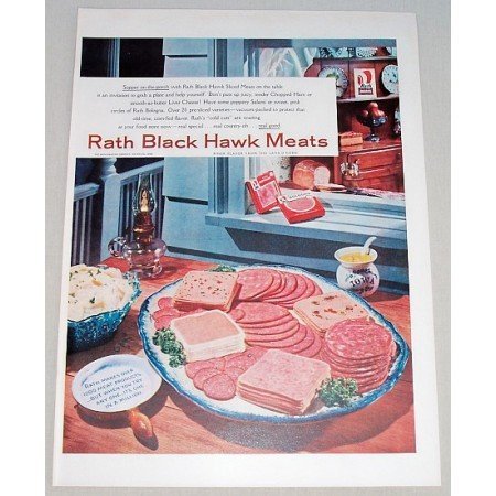 1956 Rath Black Hawk Meats Lunch Meat Color Print Ad - Supper on the Porch