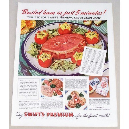 1939 Swift's Broiled Ham Meats Color Print Ad - Broiled Ham in 5 Minutes