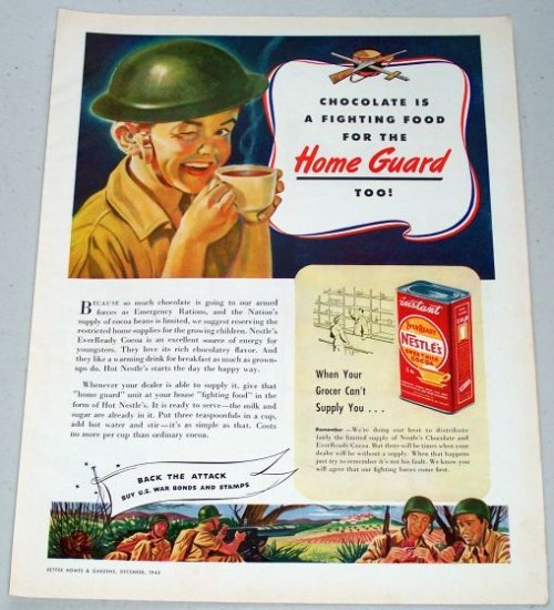 1943 Nestle's Sweet Milk Cocoa Vintage Wartime WWII Art Color Print Ad - Home Guard