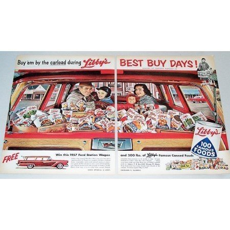 1957 Libby's 100 Famous Foods 1957 Ford Station Wagon 2 Page Color Print Ad