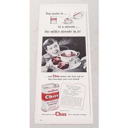 1948 Chox Hot Chocolate Mix Chox Brownies Recipe Print Ad
