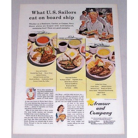 1943 Armour and Company Wartime WWII Color Print Ad - Sailors Eat On Ship