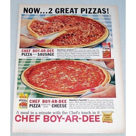 1961 Chef Boy-Ar-Dee Pizza Mix Color Print Ad - 2 Great Pizzas