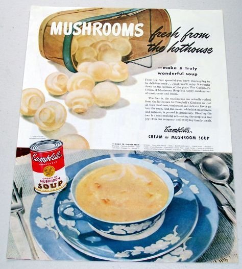 1945 Campbell's Cream Of Mushroom Soup Color Print Ad