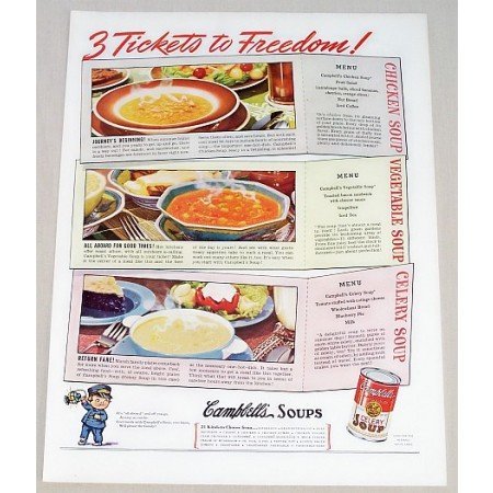 1939 Campbell's Celery Soup Color Print Ad - 3 Tickets To Freedom